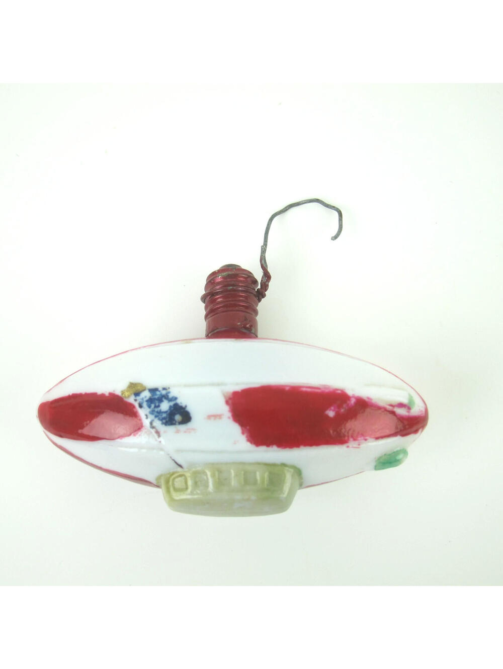 Vintage Milk Glass Zeppelin Bulb Christmas Ornament Red White Stripes Gold Blimp